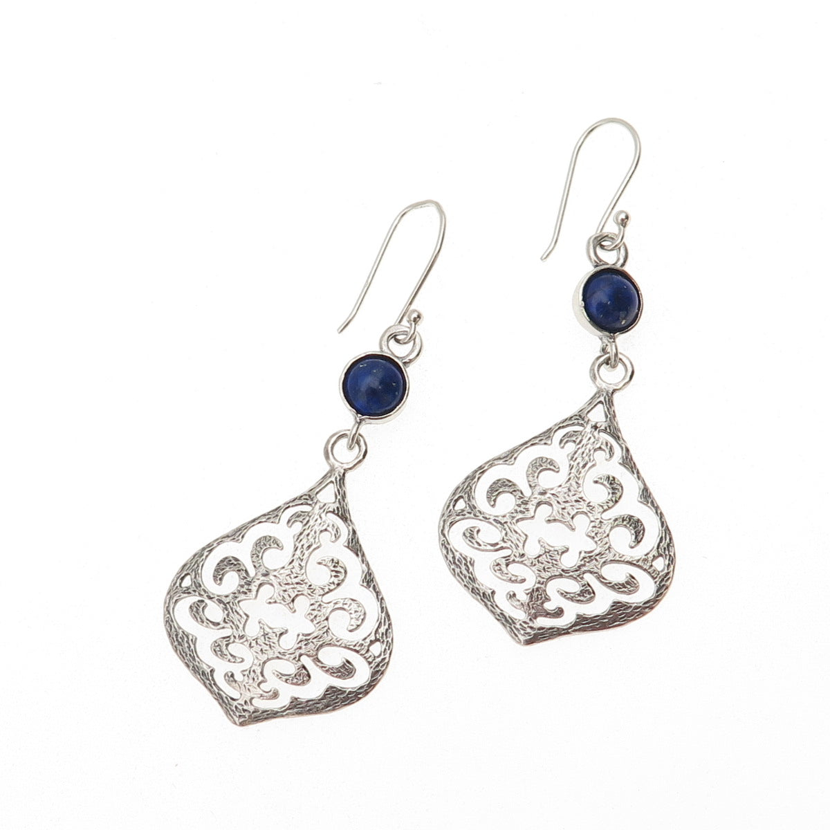 925 Sterling Silver Vintage Real Lapis Lazuli Ornate Dangle Earrings