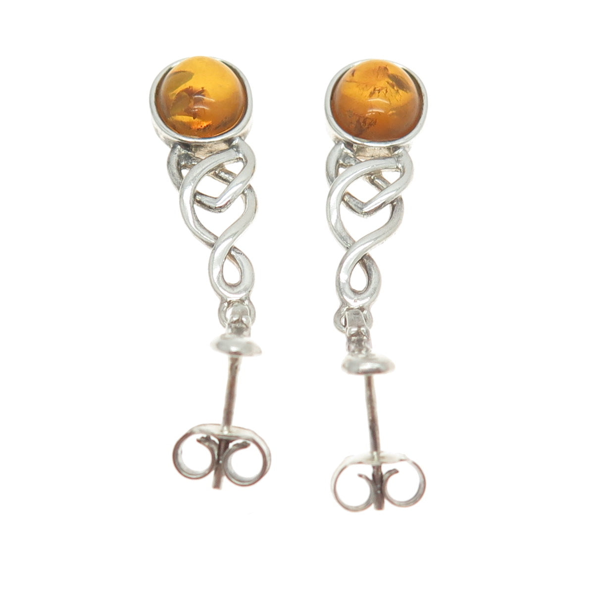 925 Sterling Silver Vintage Real Amber Celtic Trinity & Infinity Knot Earrings