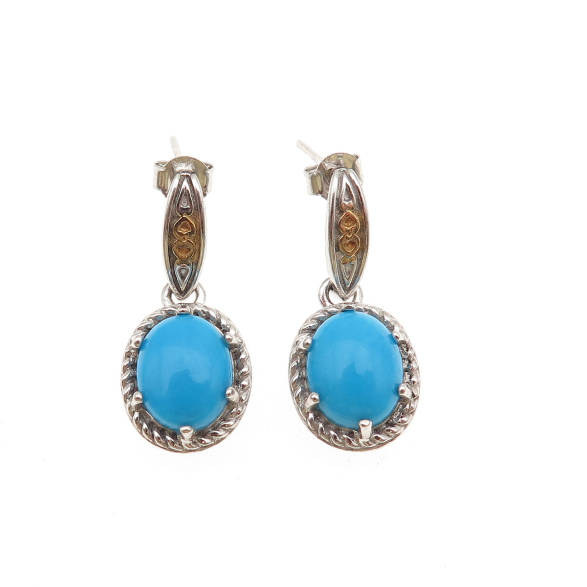 Chapal Zenray 925 Sterling 2-Tone Real Sleeping Beauty Turquoise Dangle Earrings