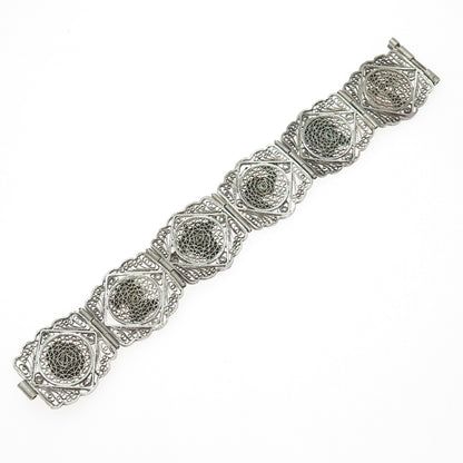 800 Silver Vintage Egyptian Symbols Filigree Oxidized Panel Link Bracelet 7.5"
