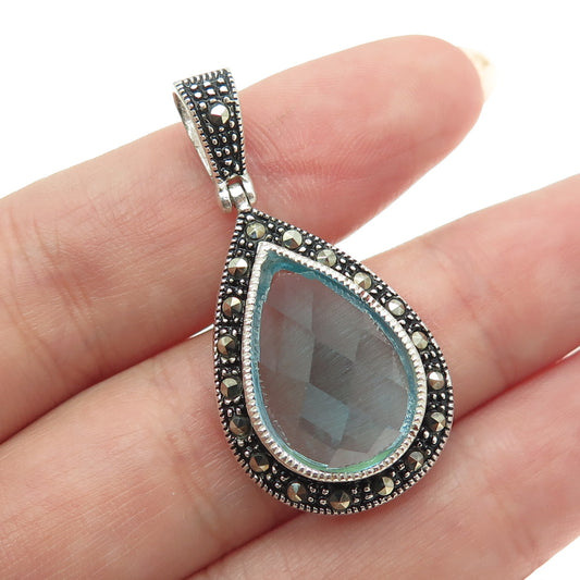 925 Sterling Silver Vintage Real Marcasite Gemstone& Blue C Z Teardrop Pendant