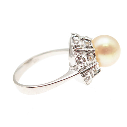 925 Sterling Silver Faux Pearl & Rhinestone Ring Size 5.75