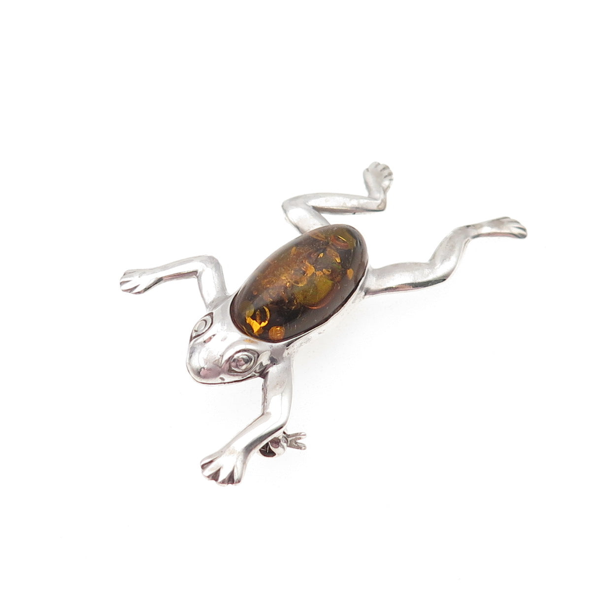 925 Sterling Silver Vintage Real Amber Frog For Good Luck Pin Brooch