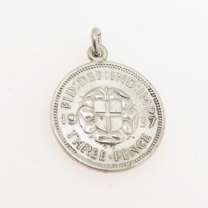 925 Sterling Silver Antique 1937 King George VI Three Pence Coin Charm Pendant