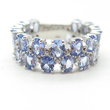 DSMK 925 Sterling Silver Oval-Cut Tanzanite & White Topaz Gem Ring Size 7.25