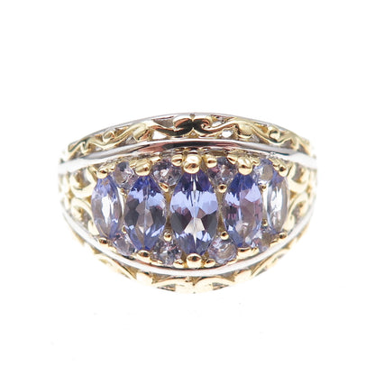 925 Sterling Silver 2-Tone Real Oval & Round-Cut Tanzanite Ring Size 8.25