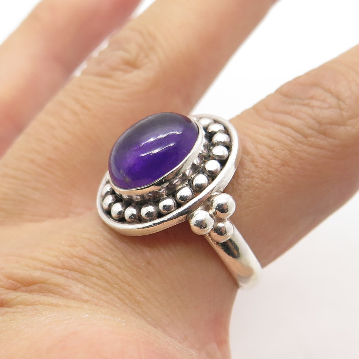 925 Sterling Silver Vintage Real Amethyst Beaded Ring Size 7.25