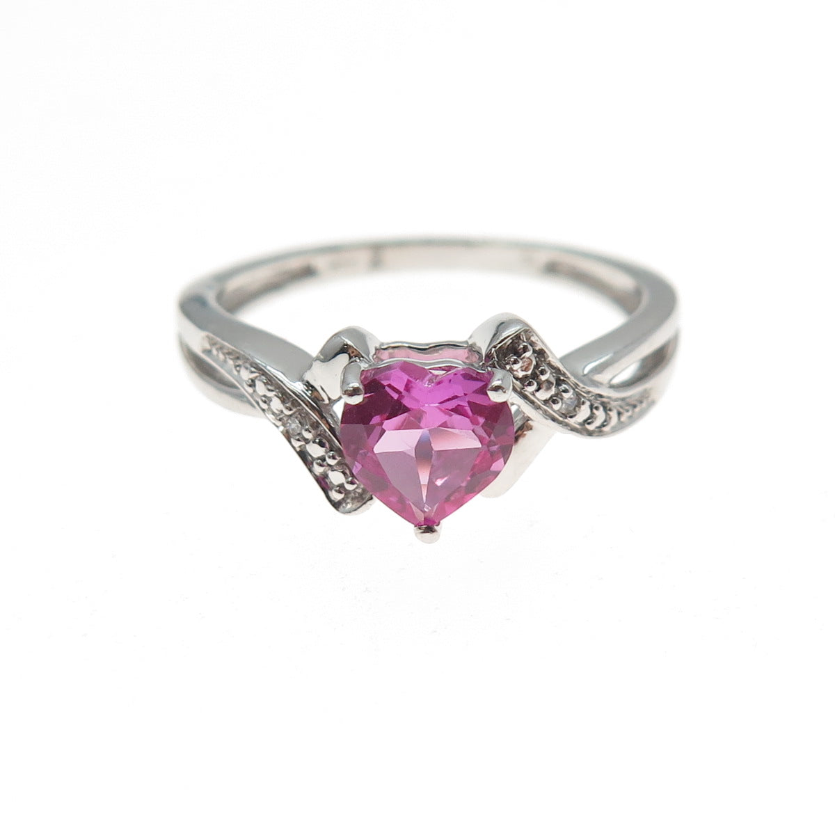 925 Sterling Silver Real Heart-Cut Pink Topaz & C Z Ring Size 7