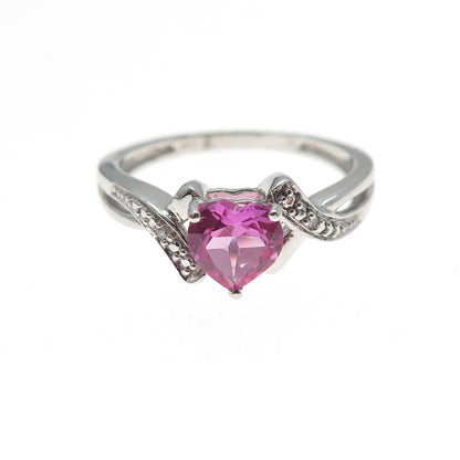 925 Sterling Silver Real Heart-Cut Pink Topaz & C Z Ring Size 7