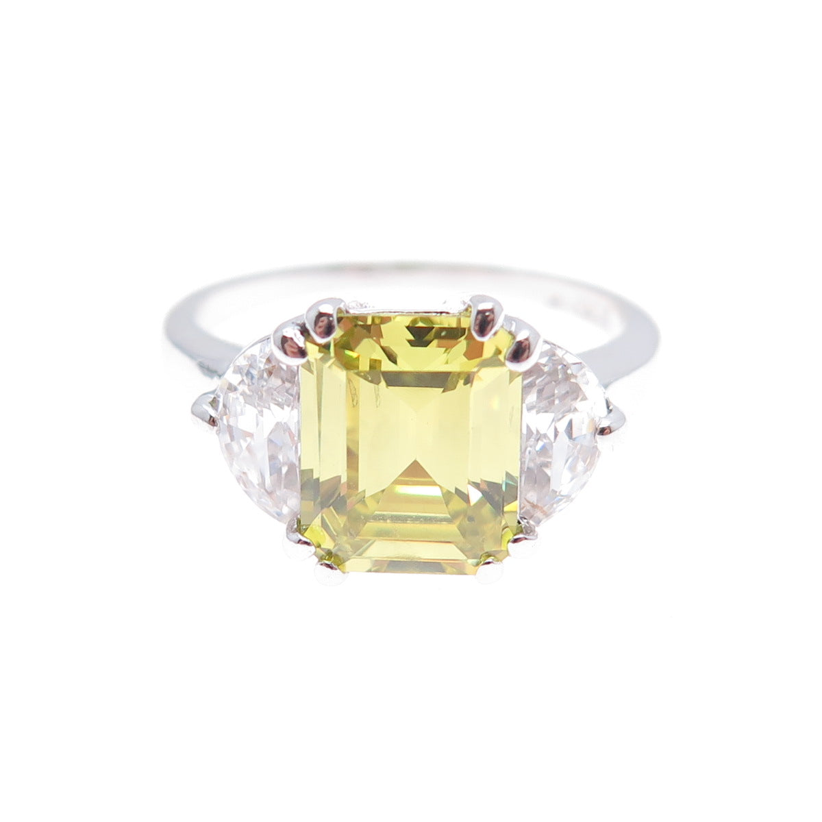 925 Sterling Silver Emerald-Cut Canary & White C Z Ring Size 9
