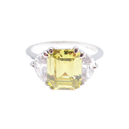 925 Sterling Silver Emerald-Cut Canary & White C Z Ring Size 9