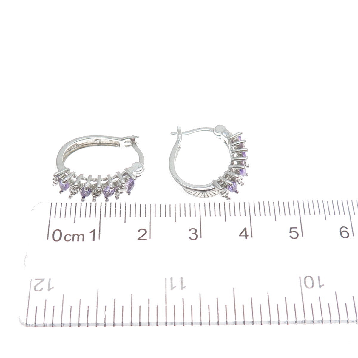 ROSS SIMONS 925 Sterling Silver Diamond Accent Amethyst Gem Hinged Hoop Earrings