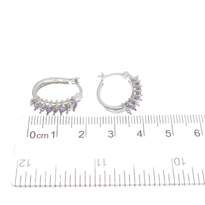 ROSS SIMONS 925 Sterling Silver Diamond Accent Amethyst Gem Hinged Hoop Earrings