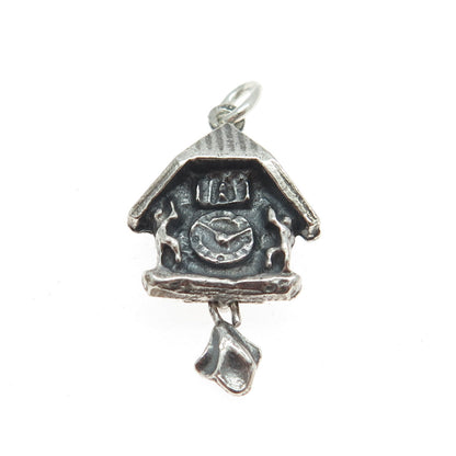 800 Silver Vintage Cuckoo Clock Minimalist 3D Charm Pendant