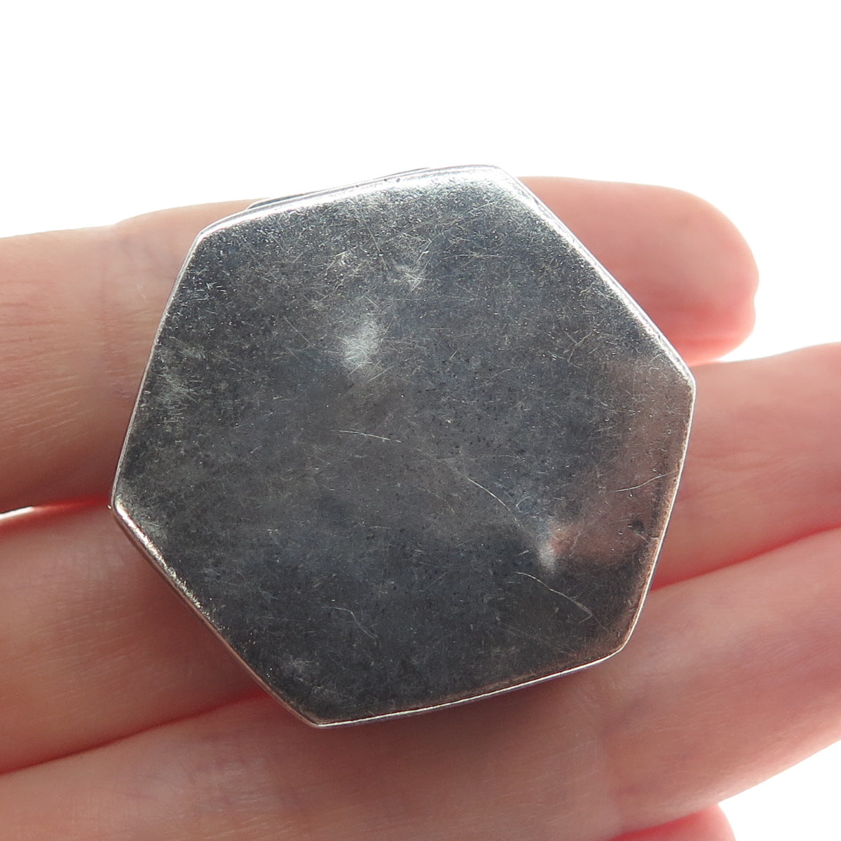 925 Sterling Silver Vintage Engraved Hexagon Oxidized Pill / Snuff Box