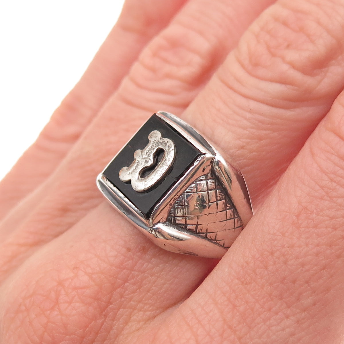 925 Sterling Silver Antique Art Deco Real Black Onyx Letter D Ring Size 8.25