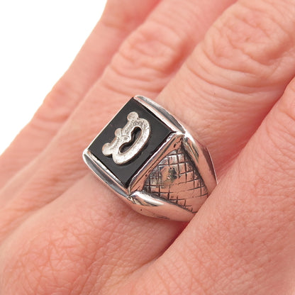 925 Sterling Silver Antique Art Deco Real Black Onyx Letter D Ring Size 8.25