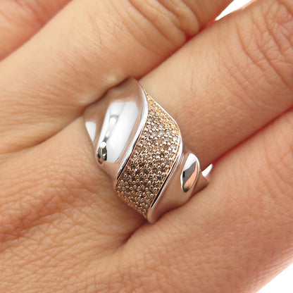 925 Sterling Silver 2-Tone Real Round-Cut Diamond Modernist Wavy Ring Size 8
