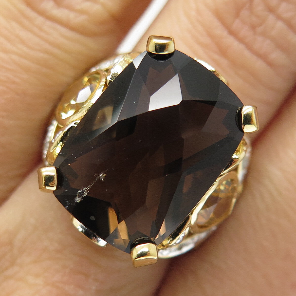 925 Sterling Silver Gold Plated Real Diamond Smoky Quartz & Citrine Ring Size 7