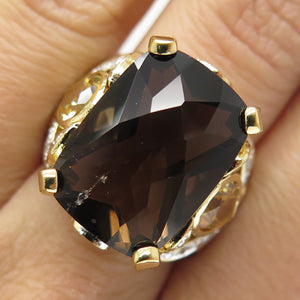 925 Sterling Silver Gold Plated Real Diamond Smoky Quartz & Citrine Ring Size 7