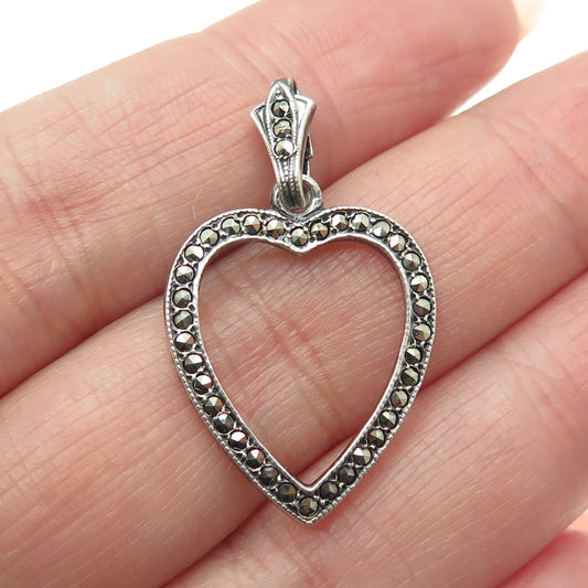 925 Sterling Silver Vintage Real Marcasite Heart Pendant