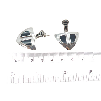 925 Sterling Silver Vintage Real Black Onyx Modernist Arrow Dangle Earrings