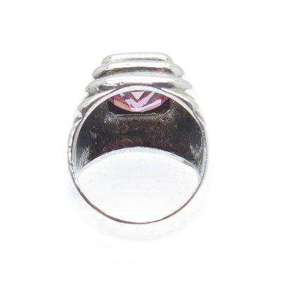 925 Sterling Silver Vintage Emerald-Cut Pink C Z Oxidized Ring Size 5.5