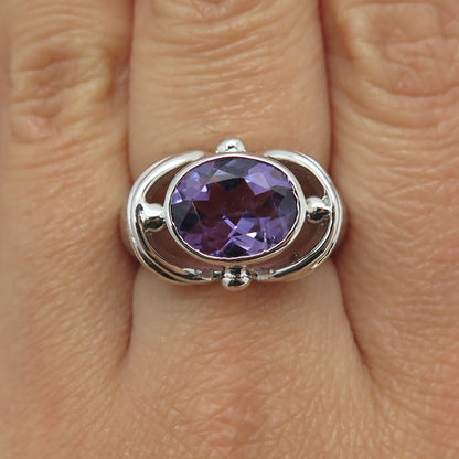 925 Sterling Silver Real Oval-Cut Amethyst Modernist Ring Size 7.75