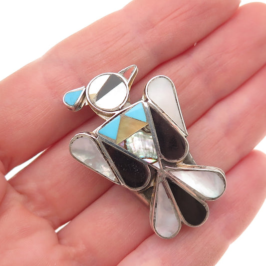 Old Pawn Sterling Silver Vintage Turquoise Coral Onyx MOP Thunderbird Bolo Tie