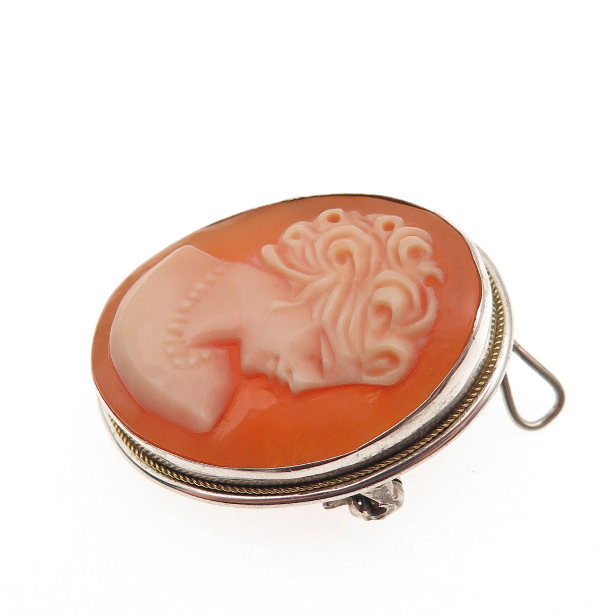 800 Silver 2-Tone Vintage Real MOP Carved Lady Cameo Pin Brooch / Pendant