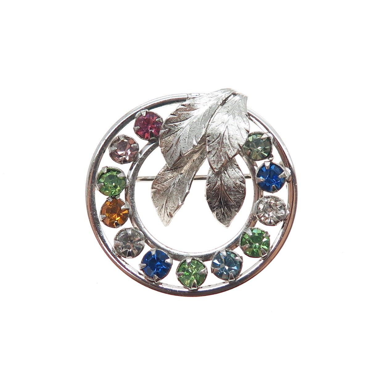 925 Sterling Silver Antique Art Deco Multi-Color Rhinestone Floral Pin Brooch