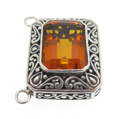 925 Sterling Silver Vintage Real Emerald-Cut Citrine Ornate Centerpiece Pendant