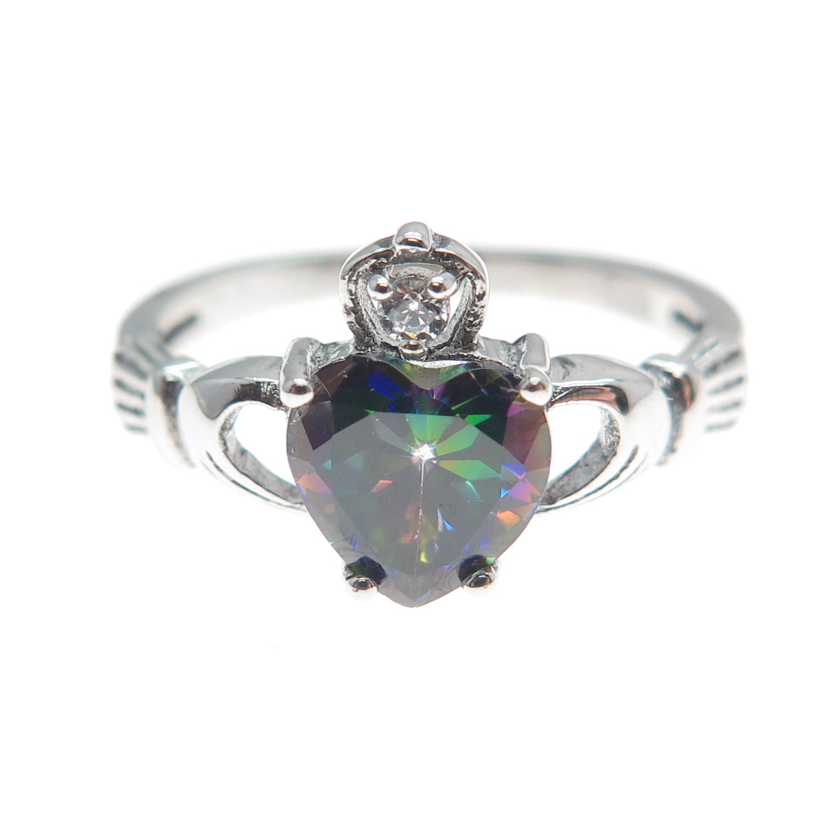 925 Sterling Silver Heart-Cut Mystic Quartz & C Z Irish Claddagh Ring Size 7.5