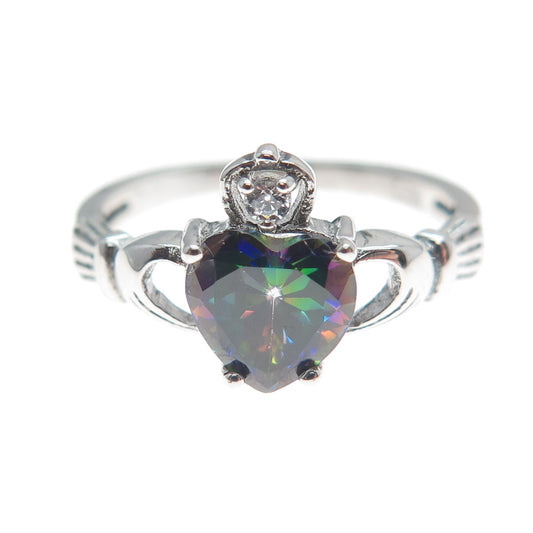 925 Sterling Silver Heart-Cut Mystic Quartz & C Z Irish Claddagh Ring Size 7.5