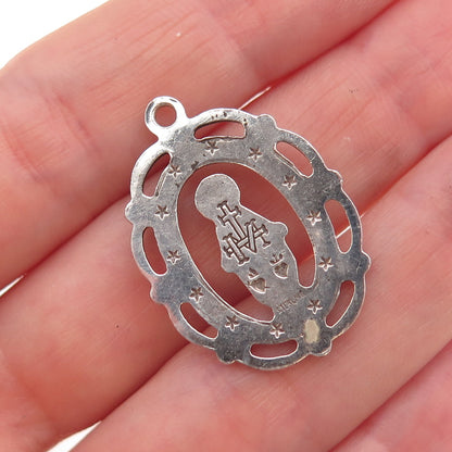 925 Sterling Silver Antique Art Deco St. Mary Miraculous Oxidized Charm Pendant