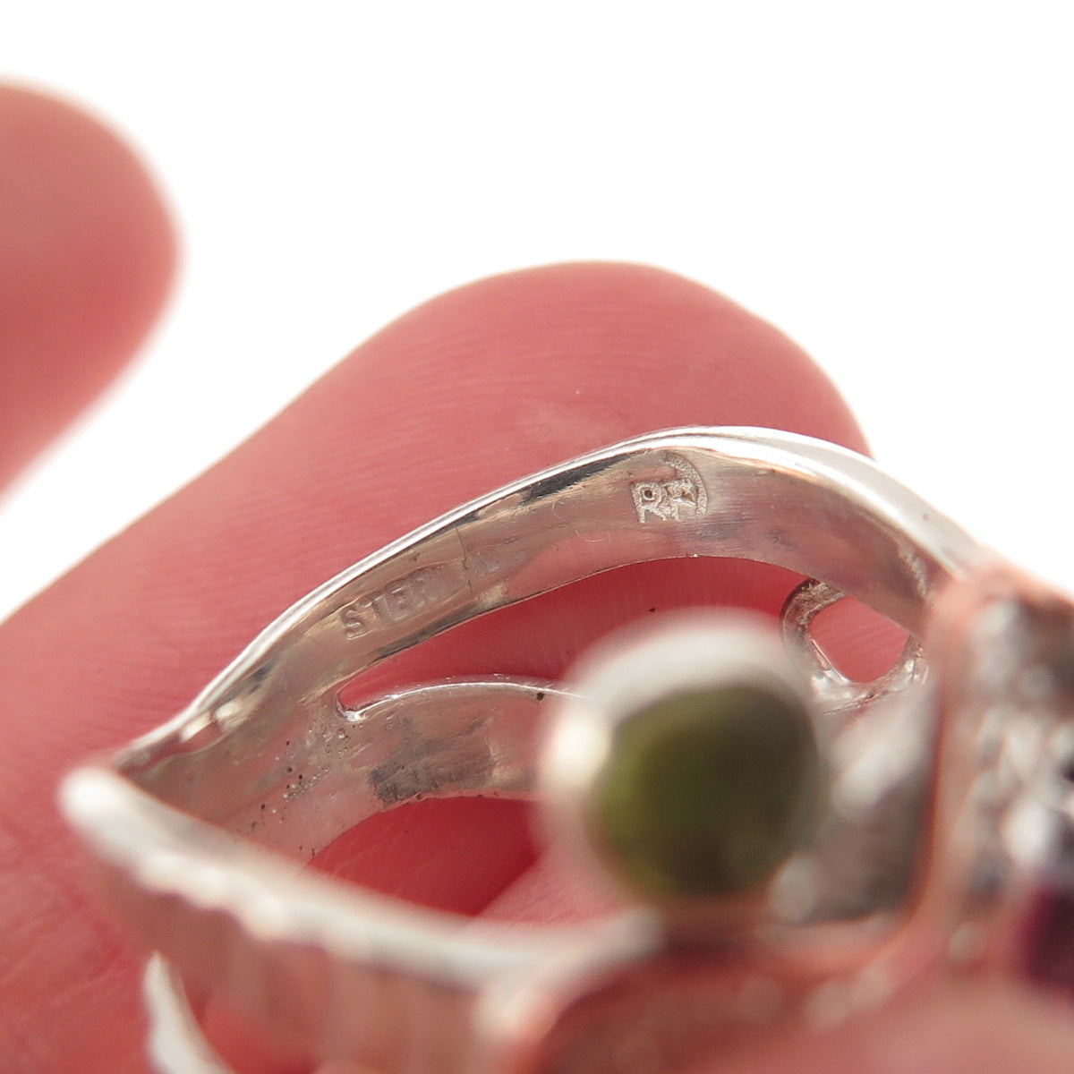 925 Sterling Silver 2-Tone Vintage Real Tourmaline Peridot Iolite Ring Size 6.5