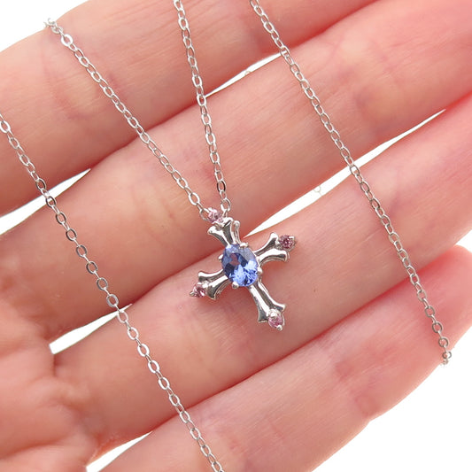 Chuck Clemency 925 Sterling Real Tanzanite & Amethyst Cross Chain Necklace 20"