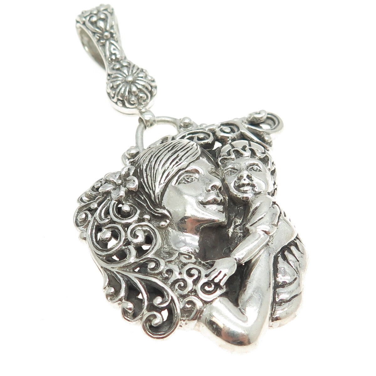 SARDA 925 Sterling Silver Vintage Mom & Child Floral Pendant