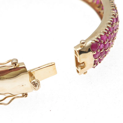925 Sterling Silver Gold Plated Real Round-Cut Ruby Bangle Bracelet 7.25"