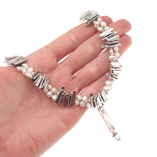 Mary & Doug Hancock Sterling Silver Vintage Real Pearl Modernist Necklace 18"