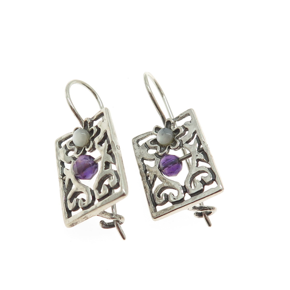 925 Sterling Silver Vintage Real Mother-of-Pearl & Amethyst Gem Ornate Earrings