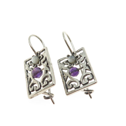 925 Sterling Silver Vintage Real Mother-of-Pearl & Amethyst Gem Ornate Earrings