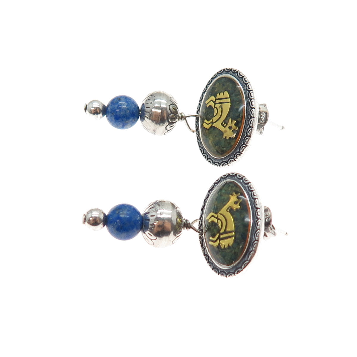 CAROLYN POLLACK Old Pawn 925 Sterling 2-Tone Vintage Lapis Inlay Goat Earrings
