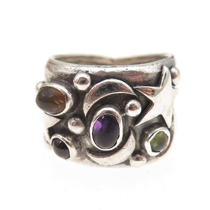 925 Sterling Vintage Real Amethyst Peridot Citrine Garnet Celestial Ring Size 7