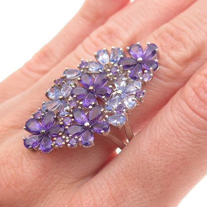 925 Sterling Silver Real Amethyst & Tanzanite Floral Cluster Ring Size 8