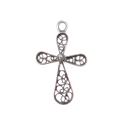 925 Sterling Silver Vintage Cross Filigree Oxidized Charm Pendant