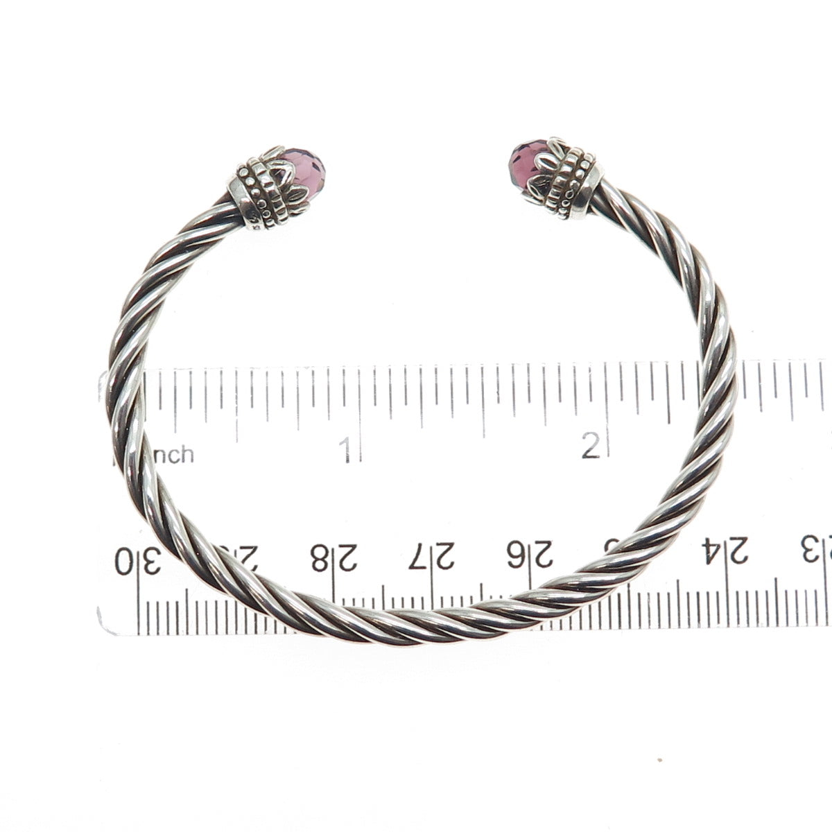 925 Sterling Silver Vintage Nano Amethyst Twisted Adjustable Cuff Bracelet 6"