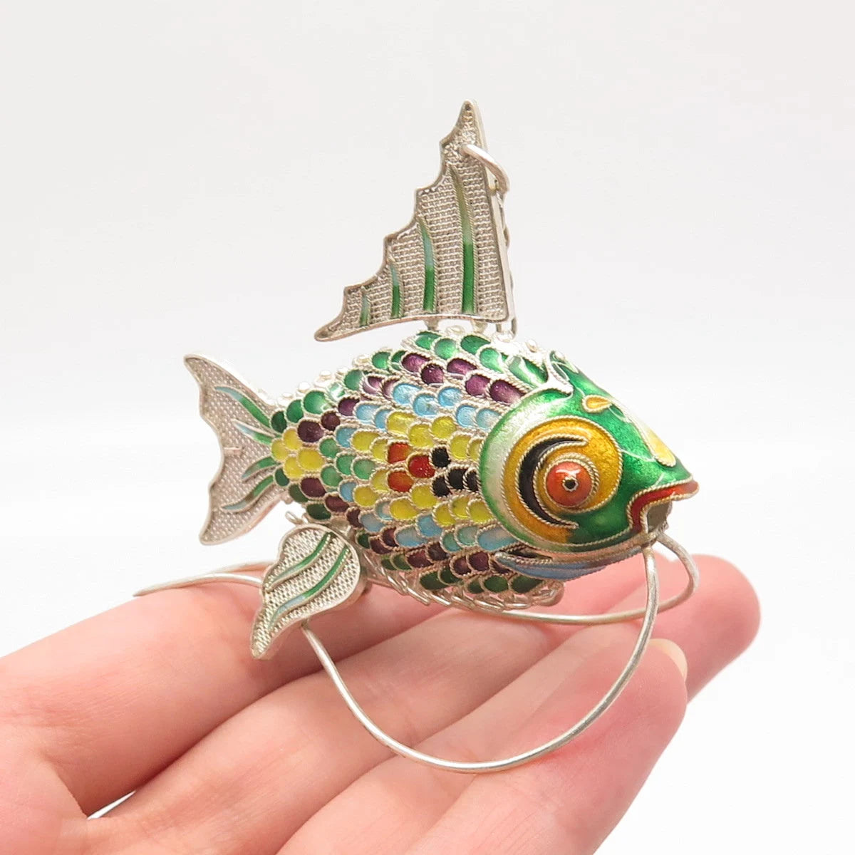 925 Sterling Silver Antique Enamel Articulated Chinese Koi Fish Pendant / Fob