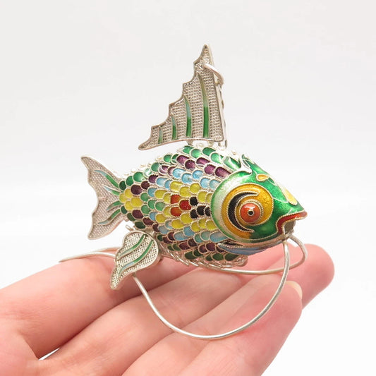 925 Sterling Silver Antique Enamel Articulated Chinese Koi Fish Pendant / Fob
