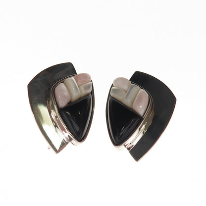 Jay King Desert Rose 925 Sterling Vintage Real Black Onyx MOP Modernist Earrings